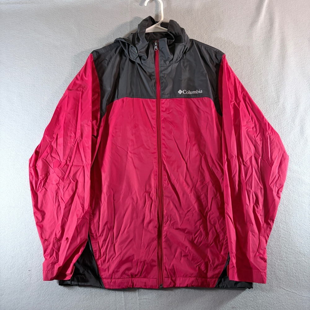 Columbia Mens Small Pink Gray Hooded Windbreaker Rain Jacket Colorblock Sport